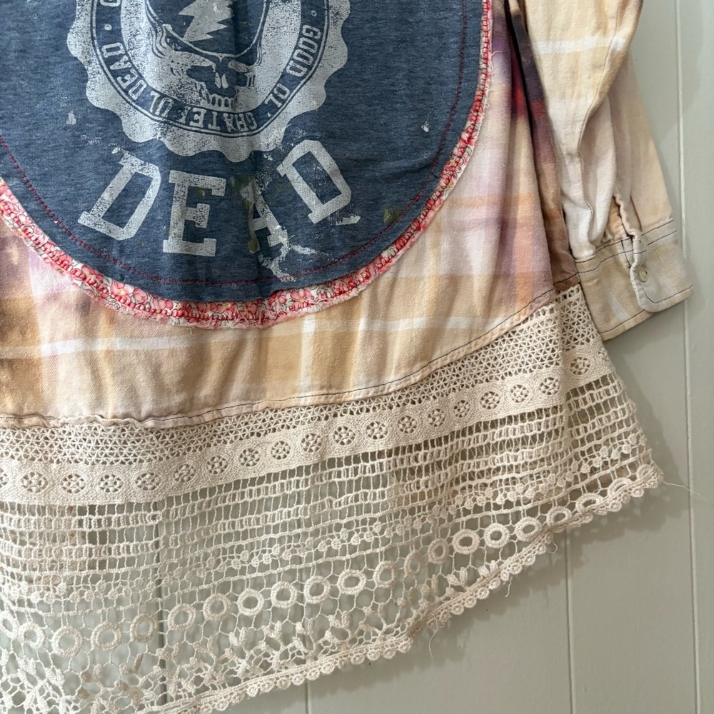 Grateful Dead Upcycled Bleach Distressed Flannel with Crochet Hem - Picture 5 of 15
